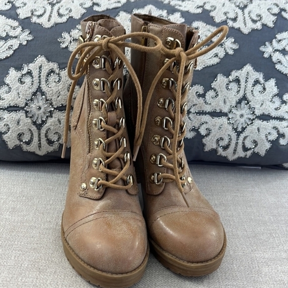 G by Guess Size 8 GGGimmy Tan Laced Up Heeled Ankle Booties - Picture 2 of 16